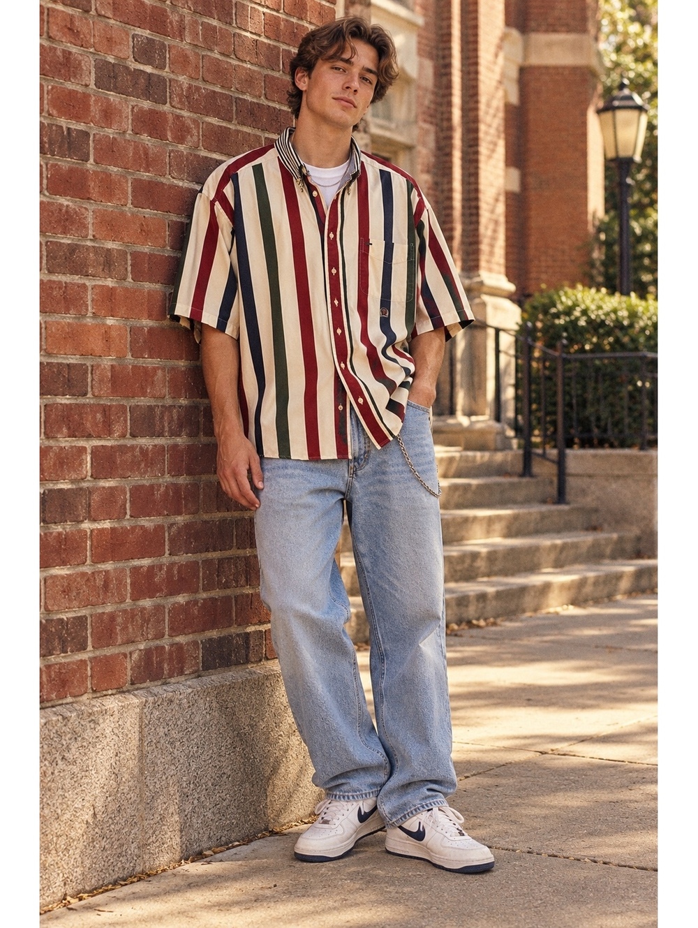 Vintage 90s Tommy Hilfiger Multi-Color Vertical Stripe Crest Shirt Size XL